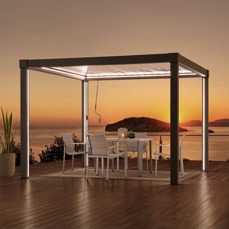 Sunjoy 3m x 3m or 3m x 4m Electric Louvered Pergola with Solar LED Lights, Remote Weatherproof Adjustable Rainproof Aluminum Hardtop Gazebo, with Drainage System, Water and UV Proof