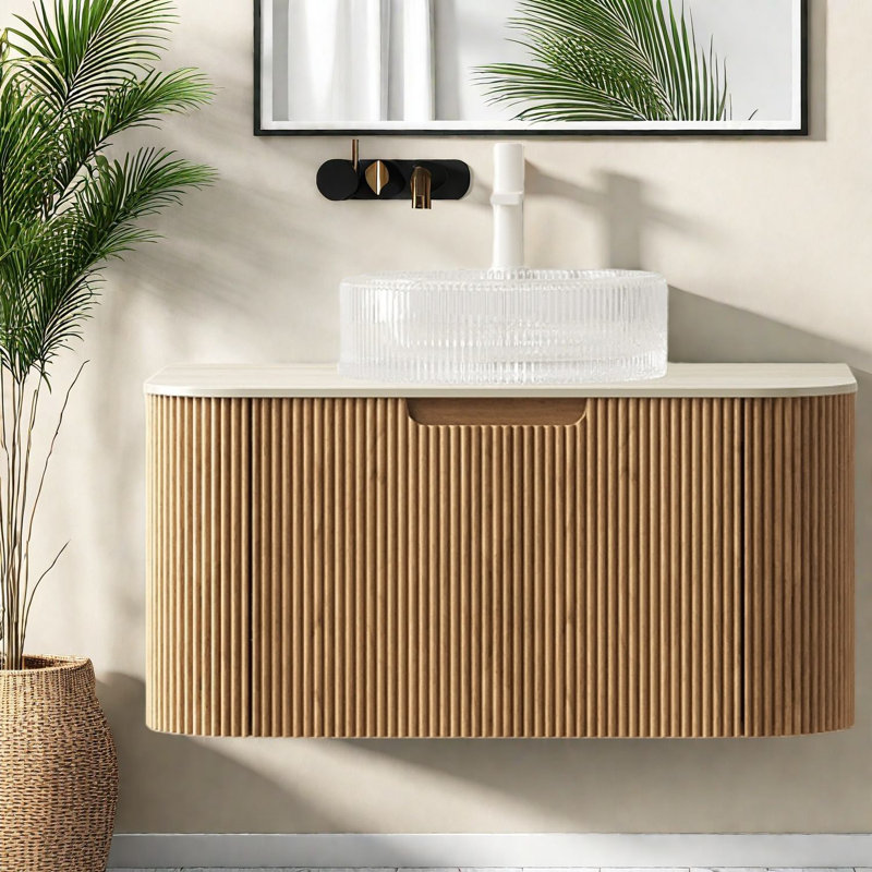 Meuble-lavabo flottant moderne avec lavabo transparent, bois durable et pierre