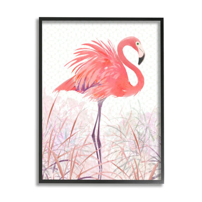 «Flamingo Bird Tropical Grasses» par Pip Wilson - cadre flottant, impression sur bois