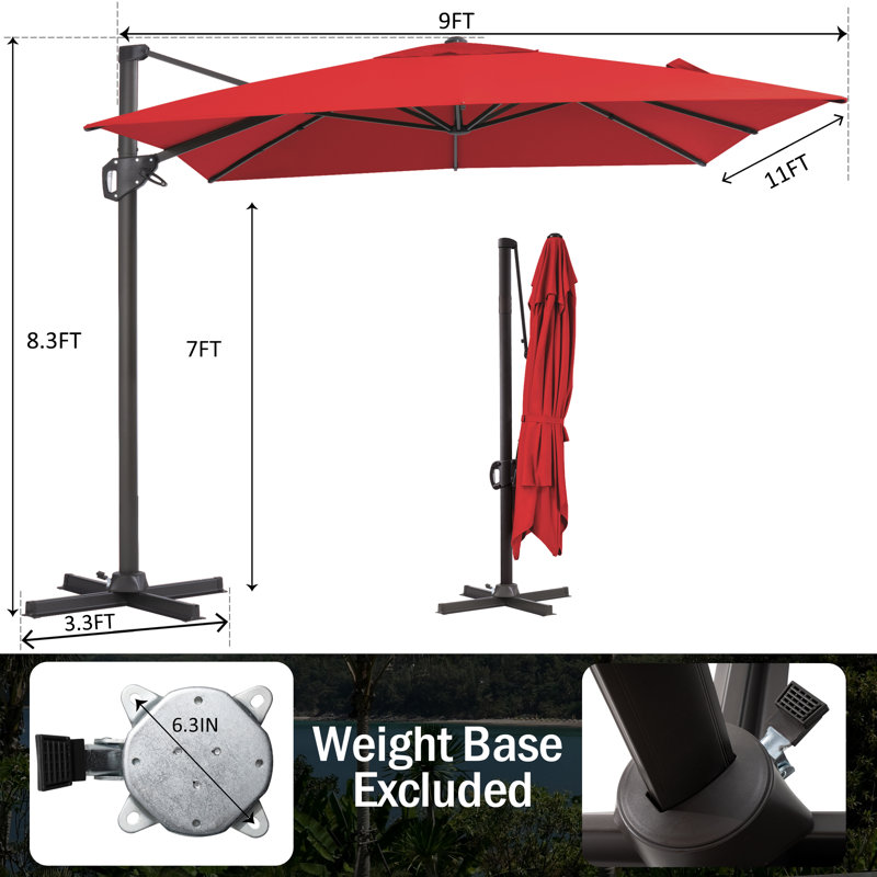 Parasol rectangulaire en porte-à-faux 128 po x 104 po, base lestée non inclus, Rouge