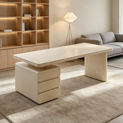 Modern Creamy Style Rock Slab 3-drawer Desk