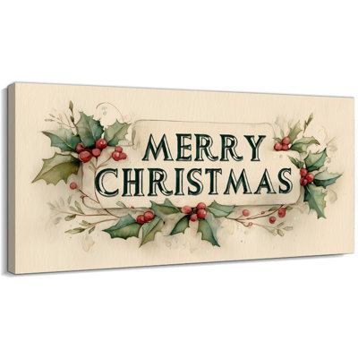 Grand art mural sur toile de joyeux Noël, peinture rétro de baies de houx, affiches de vacances, impression encadrée sur toile tendue pour décorations de Noël campagnard, prête à être suspendue, 30 po x 60 po