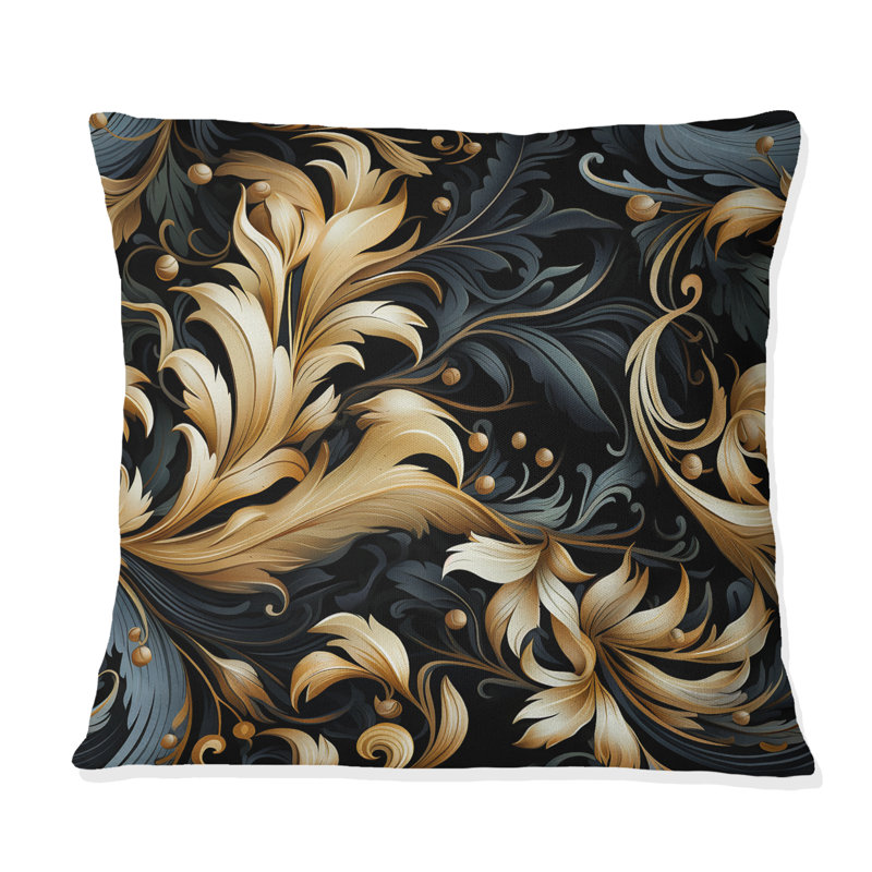 Coussin décoratif en polyester damassé noir et or Flower Blossoms I, H 16 po x l 16 po