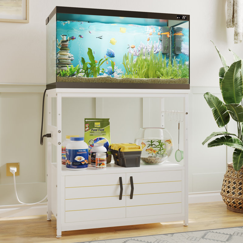 20-29 Gallon Aquarium Stand with Power Outlet, BlackFish Tank Rack with Cabinets ,Rectangle Aquarium Stand with Adjustable Foot and 4 Hooks