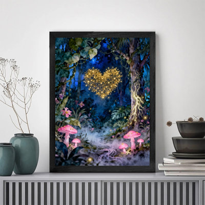 Art mural encadré noir forêt de lucioles fantaisiste, aquarelle bohème cadre magique