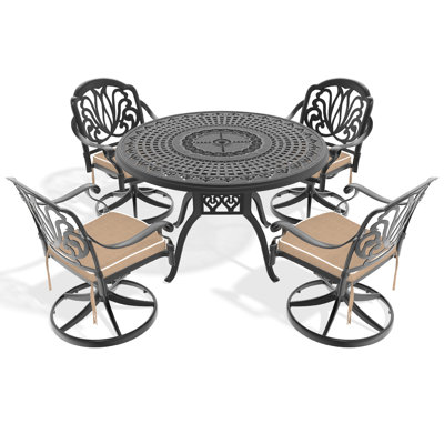 Table de salle à manger en fonte d'aluminium toutes saisons - 4 chaises pivotantes et table ronde de 47,24 po, noir, détails de sculpture gracieux, matériau, sièges rembourrés confortables, capacité de siège de 350 lb, assemblage facile de la table de 160 lb