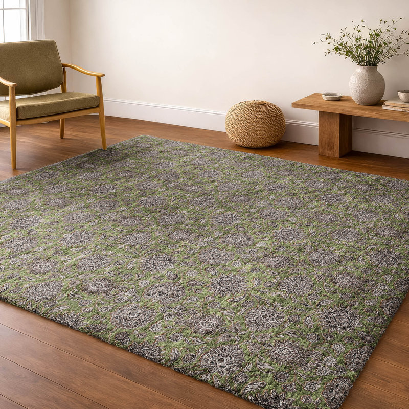 Tapis floral à poils longs de qualité supérieure lavable à la machine ADS702, Olive, 3 pi x 5 pi