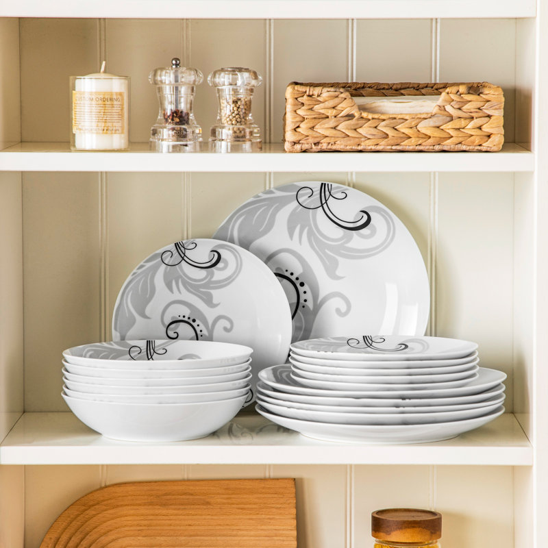 Service de table 18 pièces en céramique blanche avec motifs de lignes noires artistiques, ensemble de 6 personnes comprenant 6 assiettes à dîner, 6 assiettes à dessert, 6 bols, vaisselle moderne minimaliste