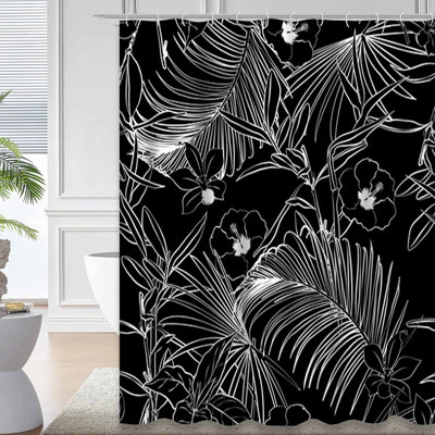 Dark Green Black White Tropical Forest Shower Curtain with 12 Hooks