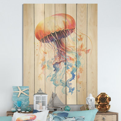 Méduse orange et bleue Jive I - méduse sur bois