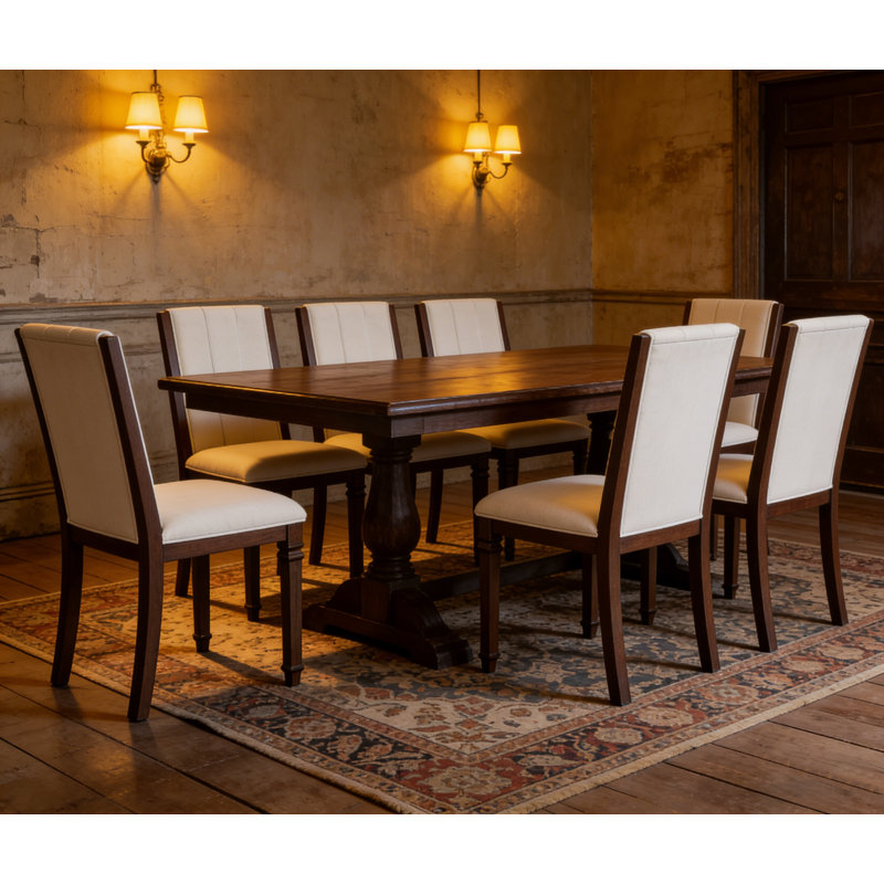 Ensemble de 6 chaises de cuisine rembourrées en tissu de lin, chaises de salle à manger traditionnelles en bois massif avec pieds décoratifs tournés, assise confortable avec coussin épais pour la salle à manger, le salon, le brun