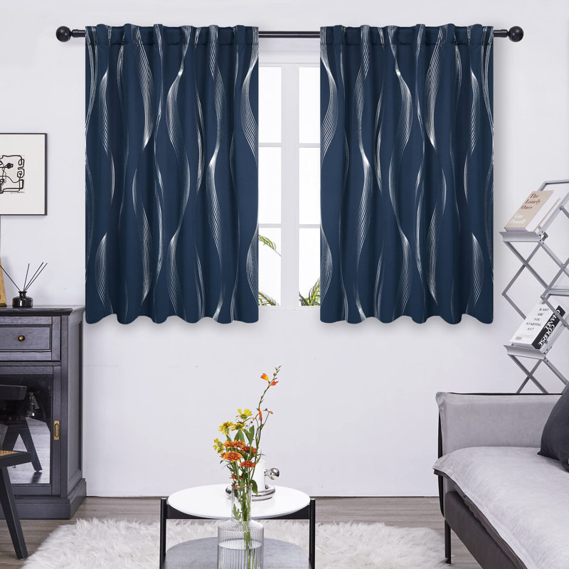 Cirila Back Tab Rod Pocket Silver Wave Curtain Panels, 52" W x 45" L, Navy