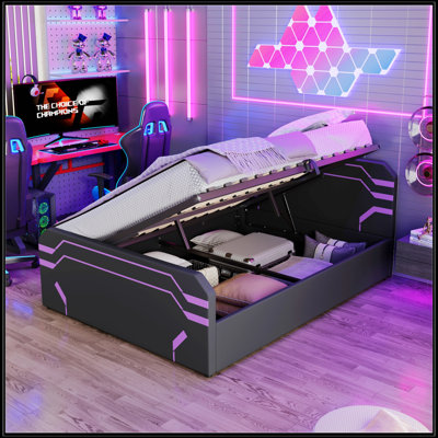 Grand lit de jeu rembourré avec rangement hydraulique à levage latéral, plateforme de style Cyberpunk pour les joueurs et Gen Z