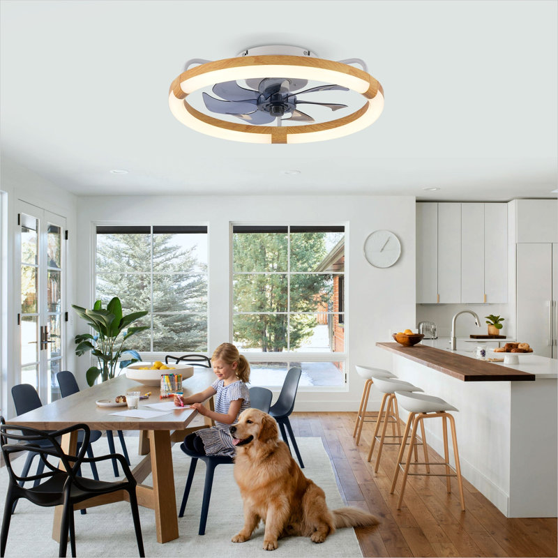 Ventilateur de plafond en cage de 20 pouces avec ensemble d'éclairage à DEL et télécommande en blanc et bois naturel, moteur à courant continu à 6 vitesses, idéal pour le salon ou la chambre à coucher
