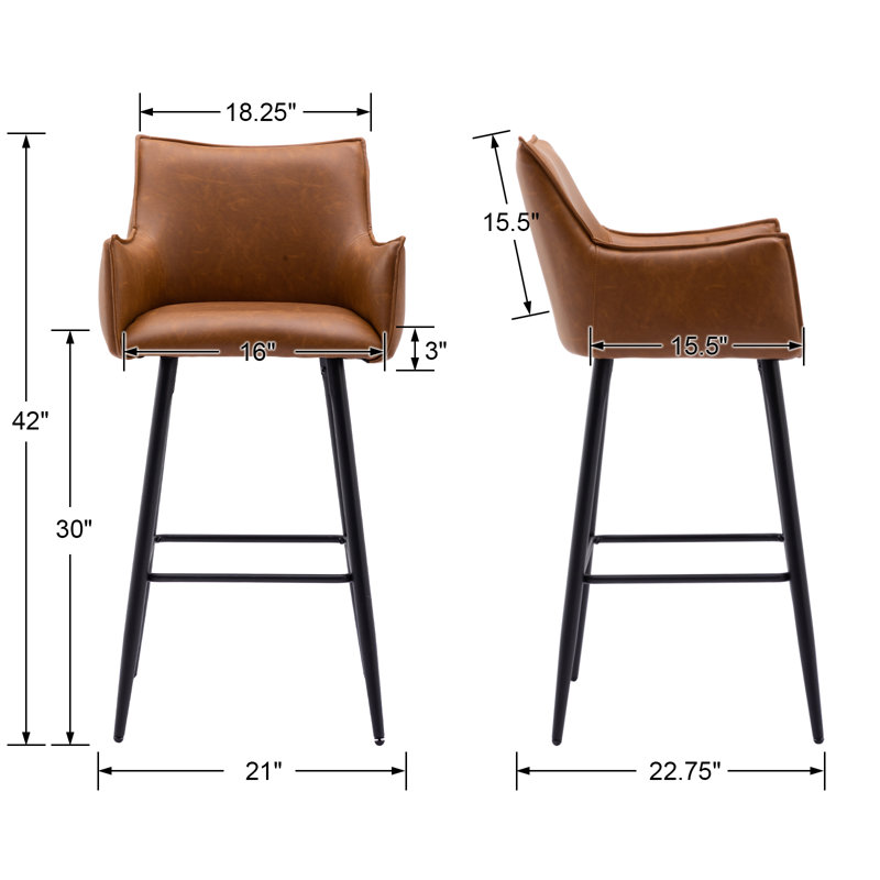 Honorata Brown Leather Upholstered Bar Stools with Metal Frame (Set of 2)