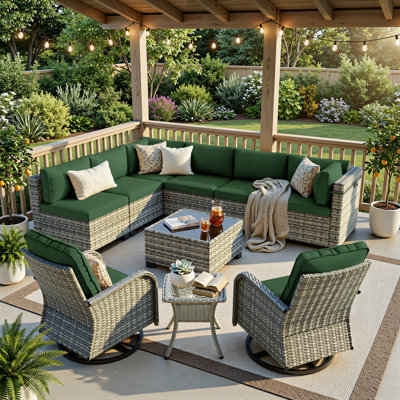 10-Piece Outdoor Wicker Sectional Seating Group With Swivel Rocking Chairs, Coffee Table & Side Table, All-Weather Patio Conversation Set