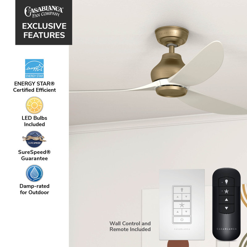Casablanca 52 inch Eyla ENERGY STAR® Damp Rated Ceiling Fan and Wall Control and Handheld Remote, Brushed Gold