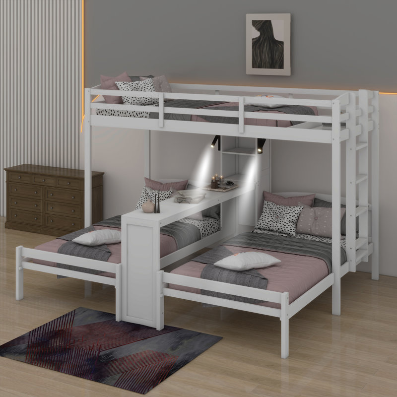 Lit superposé en bois avec bureau et tablettes de rangement, lit superposé triple 3 en 1 avec lampe de lecture à DEL, Blanc