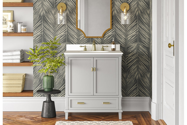 modern powder room with gray and green palm leaf-patterned wallpaper