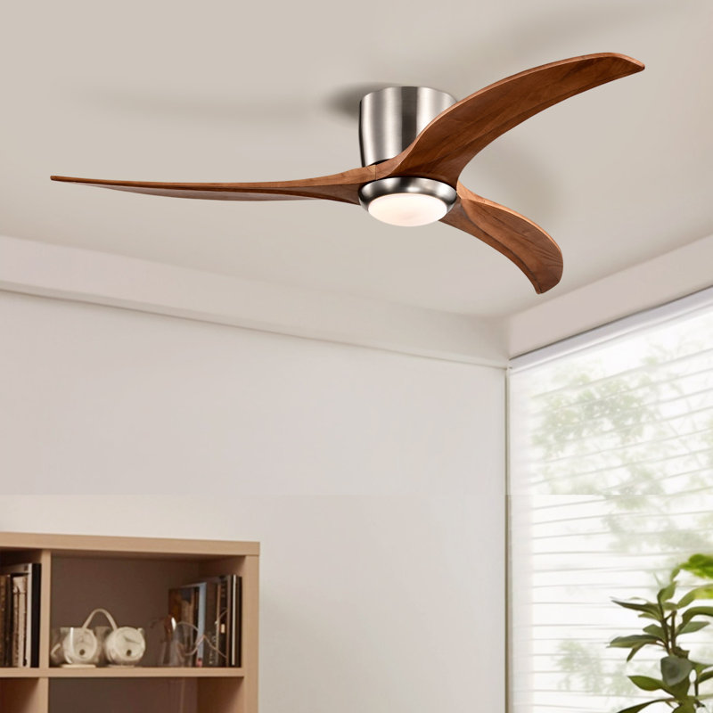 Ventilateur de plafond encastré avec pales en bois massif 52,04 "avec lumière et télécommande, Nickel satiné, Brun