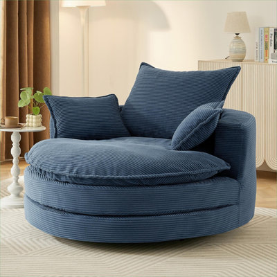 Sièges d'appoint de salon | Fauteuil demi-tonneau pivotant à 360 ° de Velours côtelé bleu doux avec coussin double