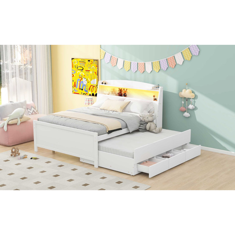 White Full Size Platform Bed With Storage Shelves & Led Headboard, Twin Trundle, 3 Drawers - Solid Wood And Framework For Long-Term Use Storage, Robust Construction A Practical Bedroom