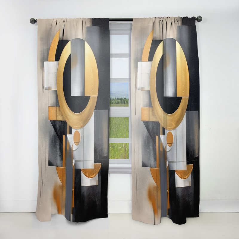 Duggins Gold Black Shapes In Harmony - Abstract Shapes Curtain - Velvet Room Darkening - 1 panel, 52" W x 63" L