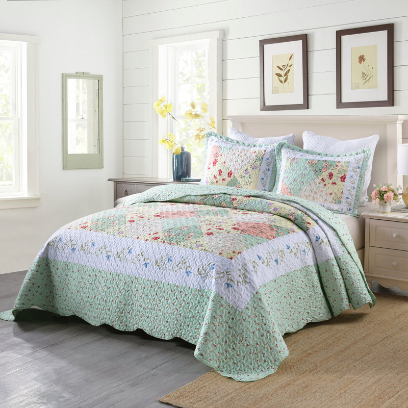  Ensemble de courtepointe réversible en microfibre 3 pièces Sage, Courtepointe très grand + 2 taies décoratives