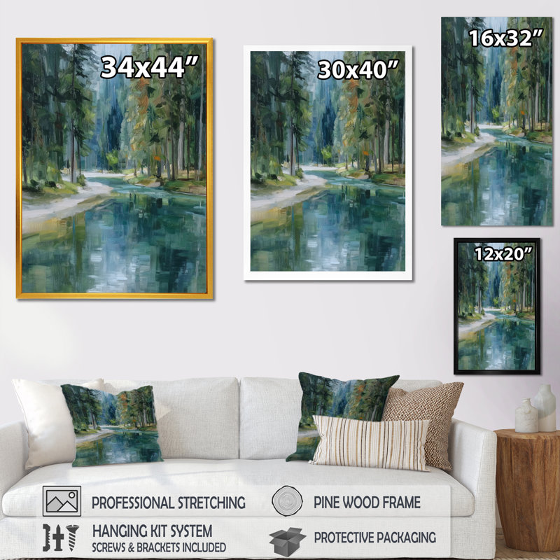 «Pine Trees Fraser River Calming Current», art sur toile, paysage vert, H 40 po x l 30 po, Cadre flottant, Doré