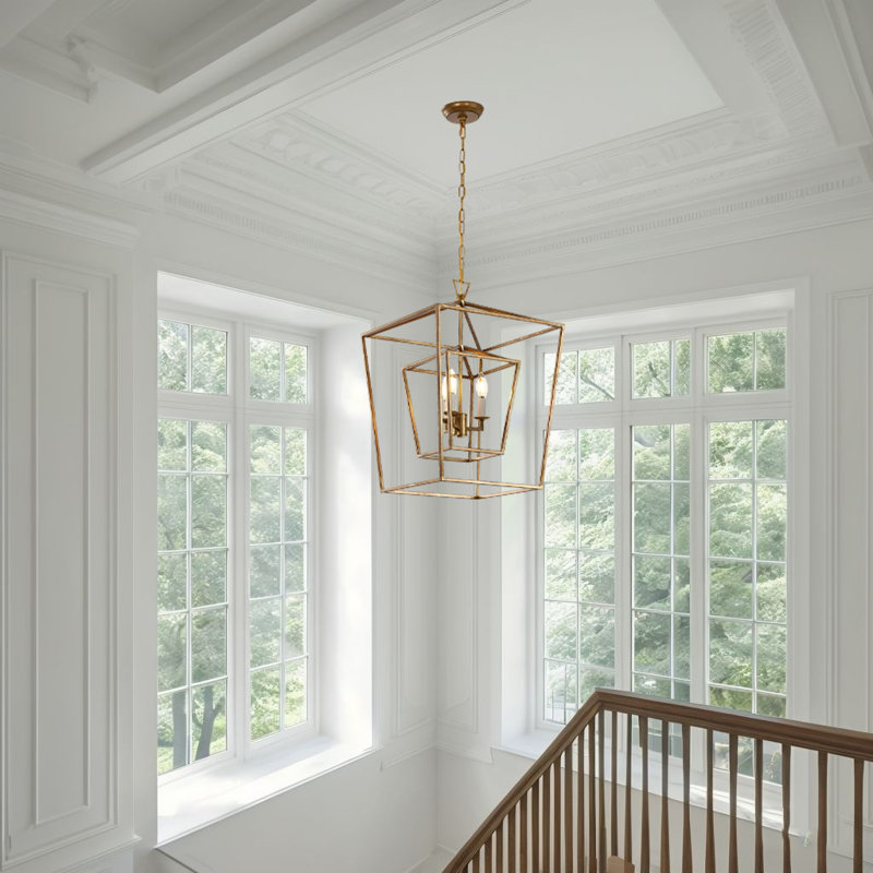 Lustre de style lanterne à cage double en or vieilli à 3 lumières de 17 po de largeur