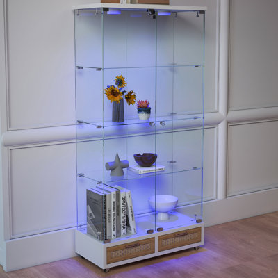 65.8" Tall Glass Display Cabinet With 4-Tier Tempered Glass Shelves, Locking Storage, Drawers, LED Lighting & Wheels