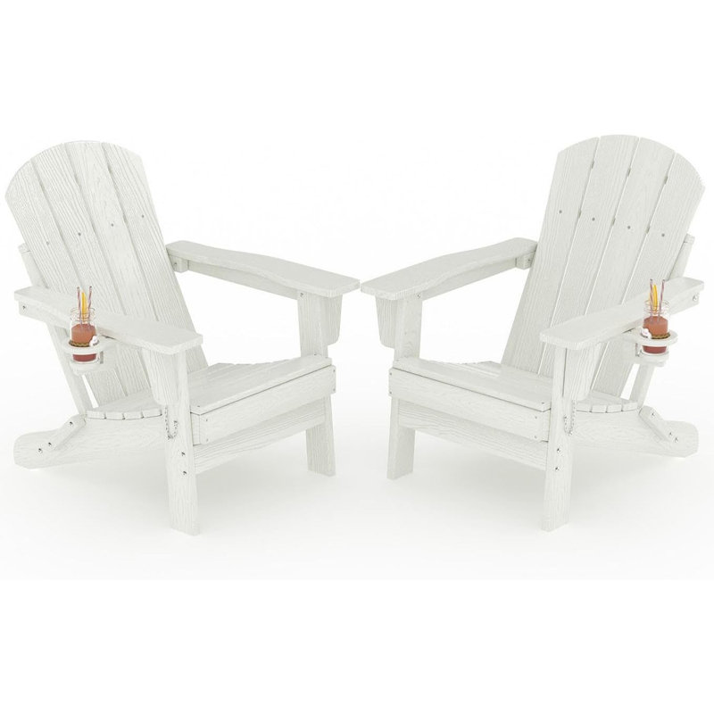 2pcs Folding HDPE Adirondack Chair with Cup Holder, Wood-Grain Texture, All-Weather Outdoor Patio Seating for Decks, Gardens, Fire Pit