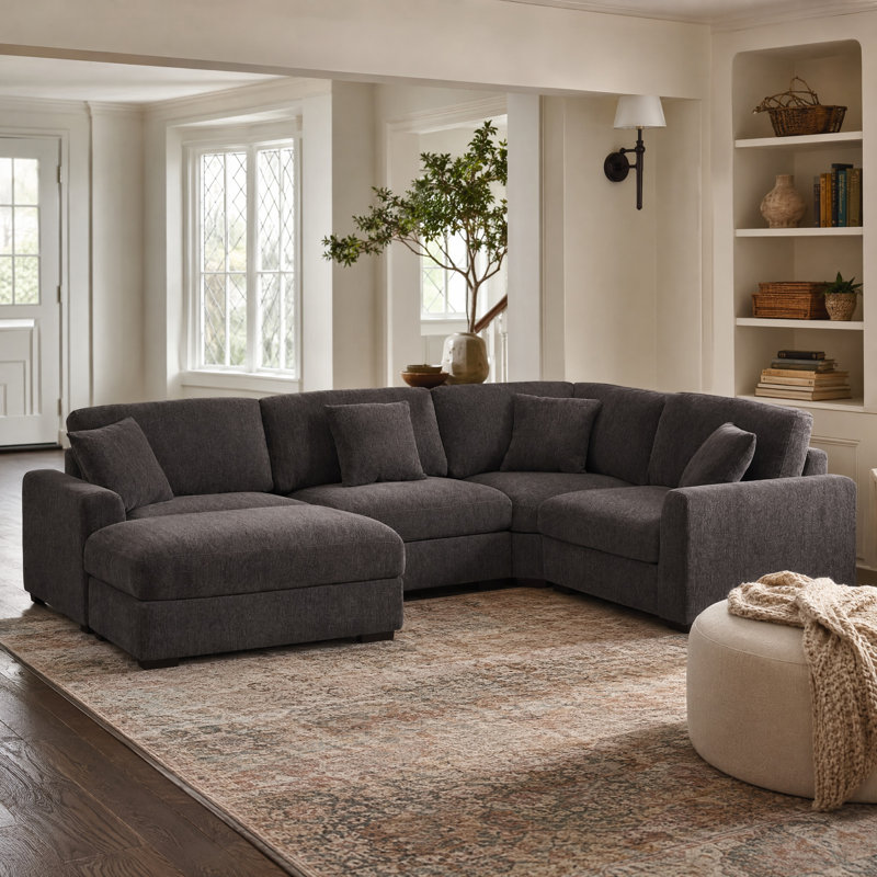 Canapé de coin modulaire confortable à 5 sièges avec repose-pieds mobile, Dark Grey Chenille