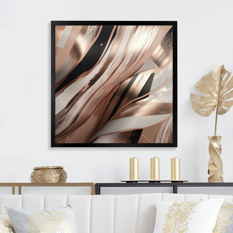 Rosegold embrassant l'essence des lignes I - impression d'art abstrait sur toile marbrée, H 16 po x l 16 po x P 1 po