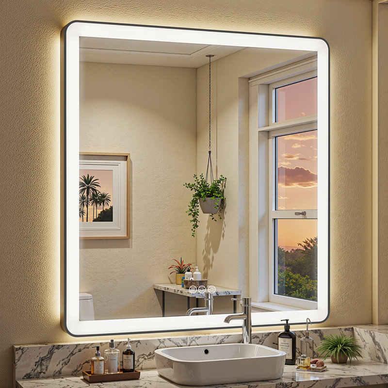 Lunara Independent Dual Backlit&Front Lights LED Wall Mirror, Rounded Corner Matte Black Metal Framed Bathroom Mirror with Tempered Glass