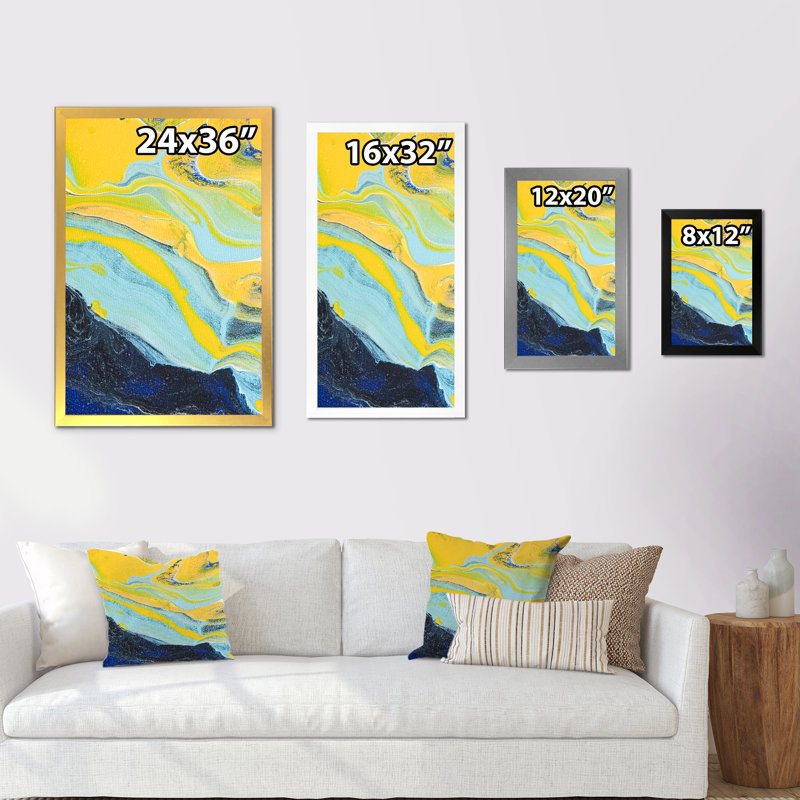 Art de marbre bleu foncé et jaune III, reproduction d'art sur toile, Toile avec cadre photo noir, H 20 po x l 12 po x P 1 po