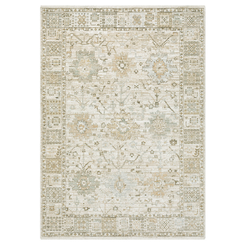 Médaillons floraux rétro Lainey or / bleu pâle, Rectangle 5 pi 3 po x 7 pi 7 po