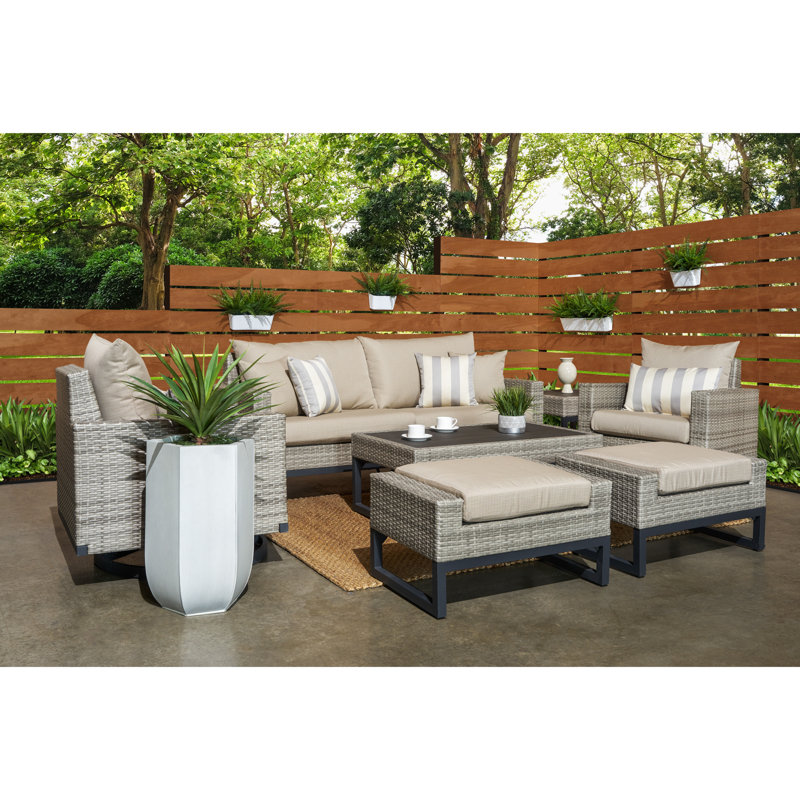 Sameko 7 Piece Rattan Sofa Seating Group With Sunbrella Cushion Covers, Gray, Centered Ink Stripe Sunbrella®