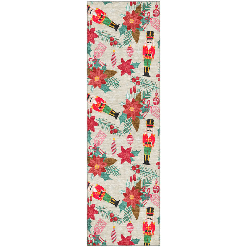 Premium Machine Washable Dockside AMF1822 Nutcracker and Poinsettia Rug, Runner 2'3" x 7'6"