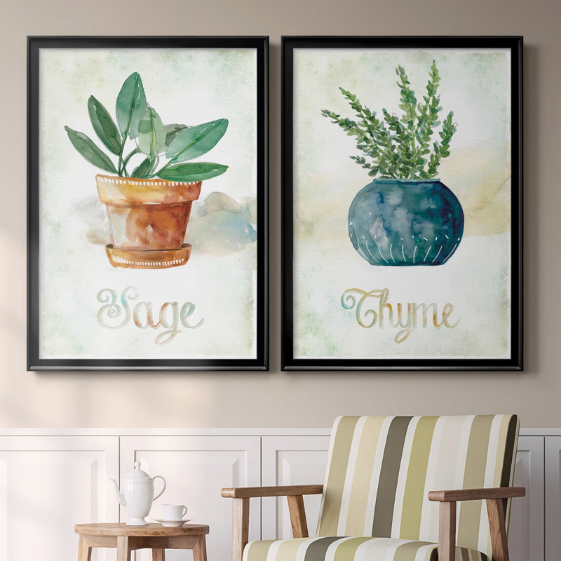 Sauge en pot - ensemble de 2 peintures sur toiles, Black Framed Canvas, H 26,5 po x l 73 po x P 1,5 po