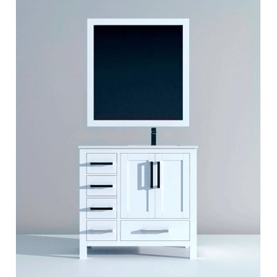 Meuble-lavabo de salle de bain 36 po X P 22 po D, dessus en quartz décalé à droite, ensemble de robinet et Miroirs
