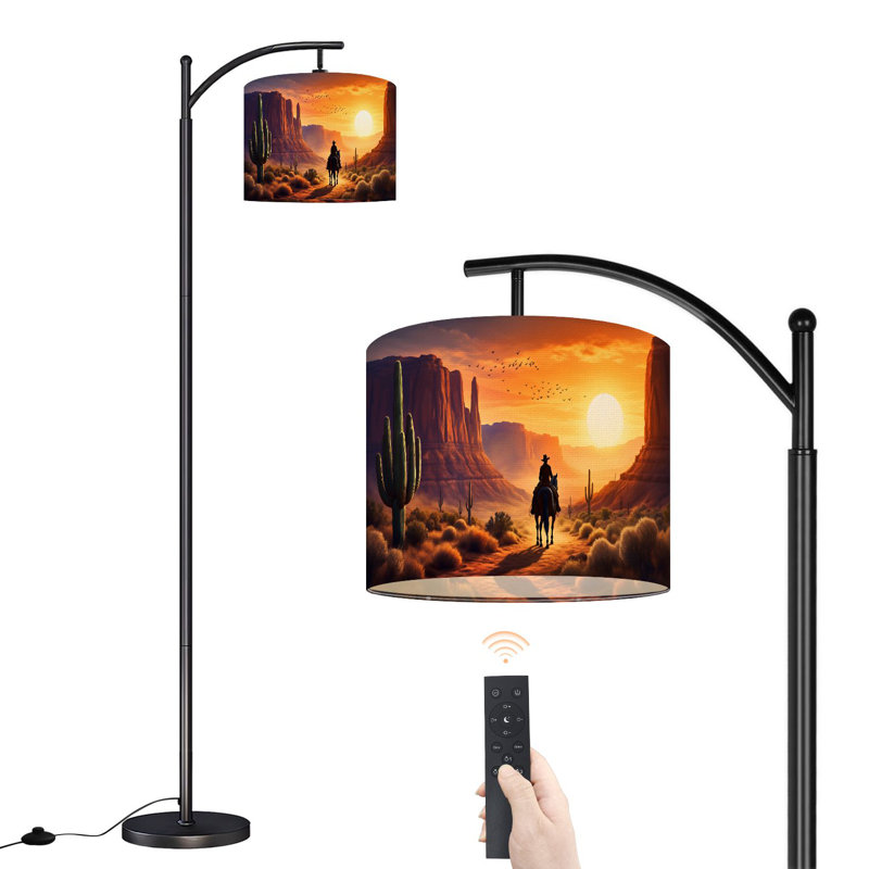 Lampe sur pied à arc avec abat-jour réglable Western Desert Cowboy Riding in Sunset Majestic Red Rock Lampadaire 3 températures de couleur à intensité variable avec mât pour la chambre à coucher