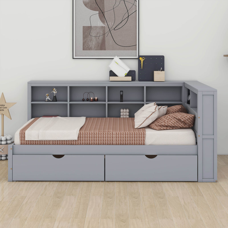 Lit de jour moderne double avec 2 tiroirs, cadre de lit en bois avec tablettes de rangement et ports USB, Complet/Double
