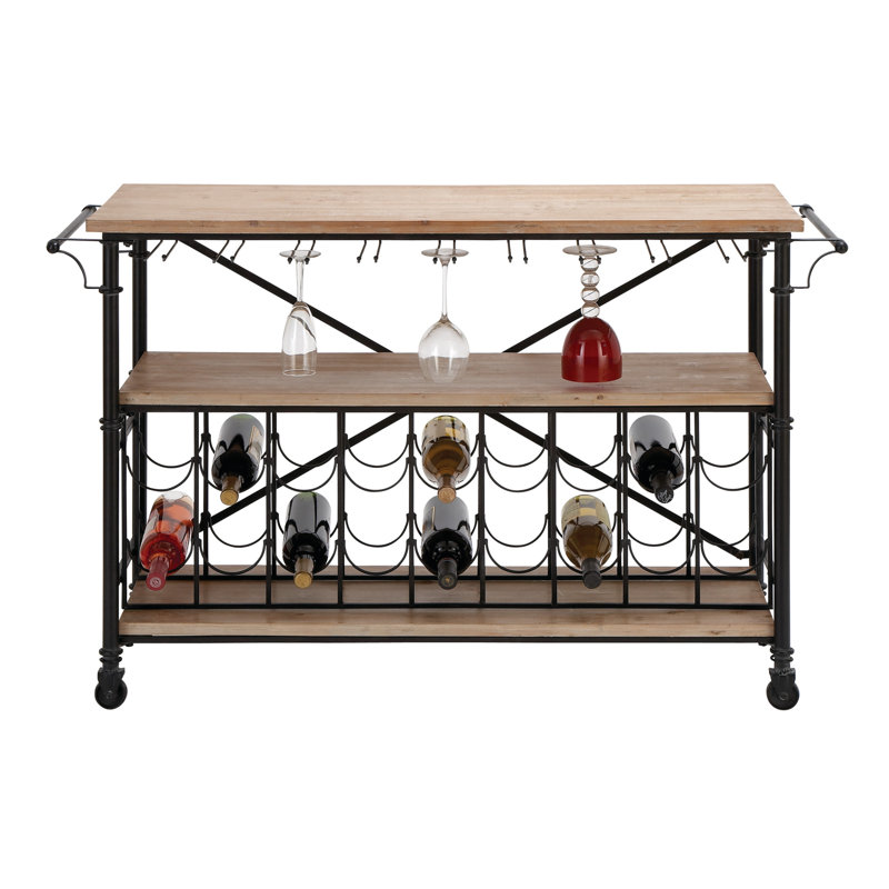 Industrial Black Iron and Fir Beverage Cabinet with Wine Storage