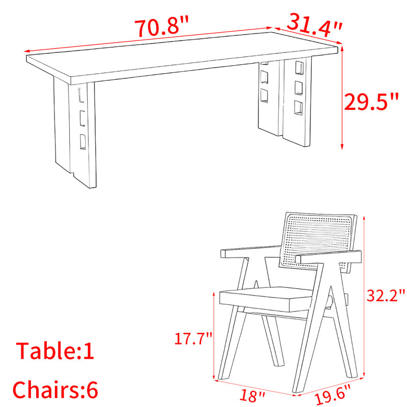 Modern solid wood dining table set, 29.5"H x 70.8"L x 31.4"W 