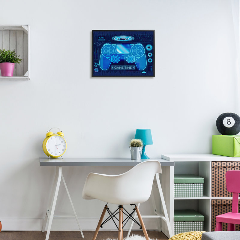 " Game Time Bold Blue Computer Theme Gaming Controller " by Ziwei Li, 16" H x 20" W x 1.5" D, Midnight Black Framed Giclee