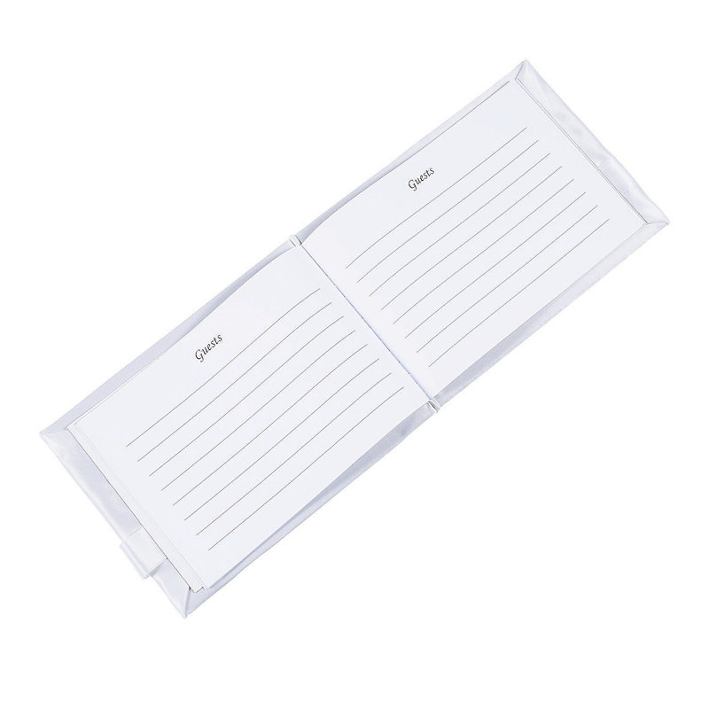 White Satin Wedding Guest Book and Pen Set with Bow Buckle