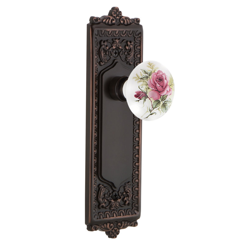 Egg & Dart Plate with White Rose Porcelain Door Knob, 2.75", Timeless Bronze