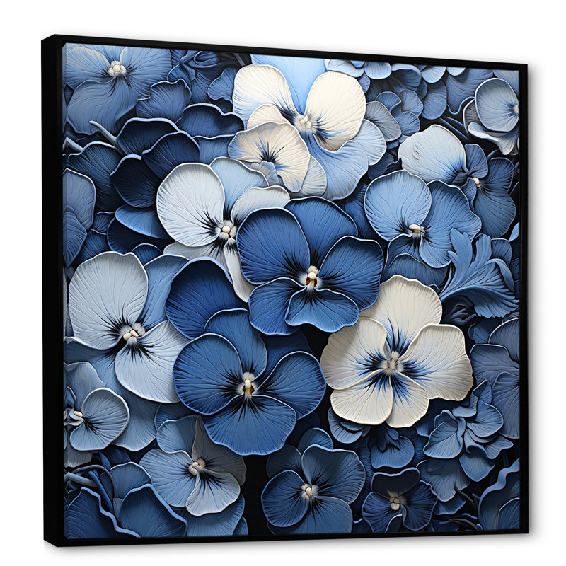 Blue Blue Pansies In The Shadows I - Pansies, art mural, H 16 po x l 16 po x P 1 po, Cadre flottant noir