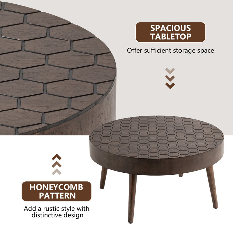 Brown Round Honeycomb Pattern MDF and Pine Wood Coffee Table Set